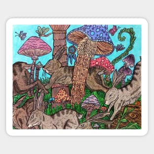 Rabbits Running Through Mushroom Forest Sticker